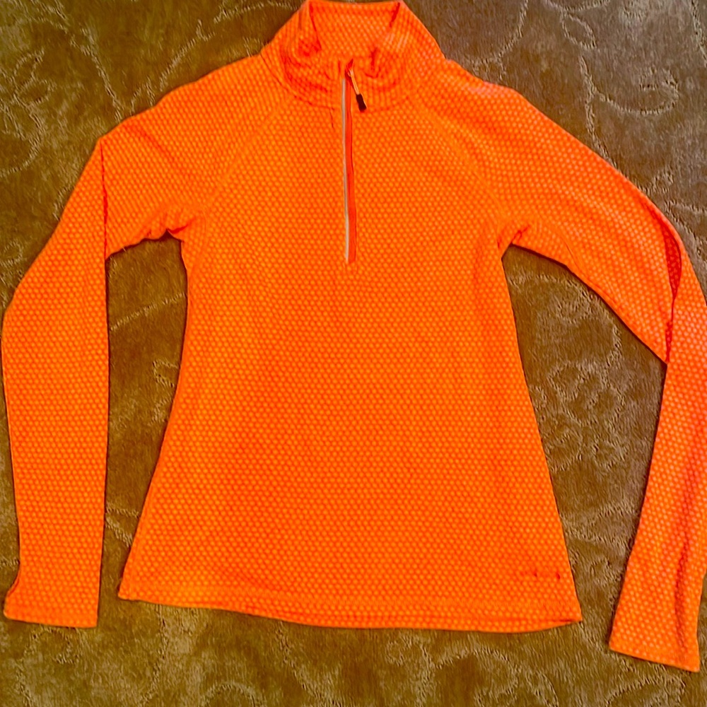 Eddie Bauer women’s quarter zip pullover, pinkish orange, polka dots, size M